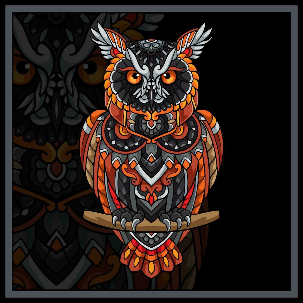 Colorful Owl bird mandala arts isolated on black background. vector
