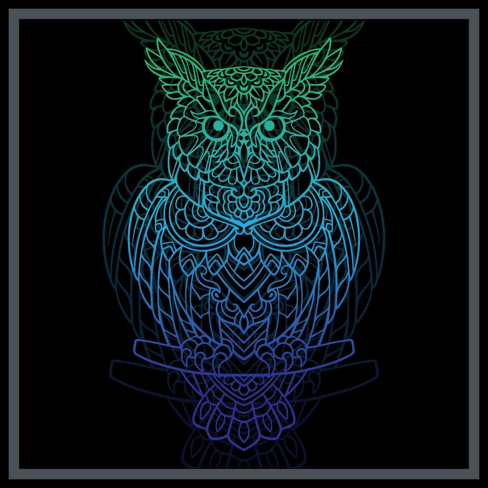 Gradient Colorful Owl bird mandala arts isolated on black background. vector