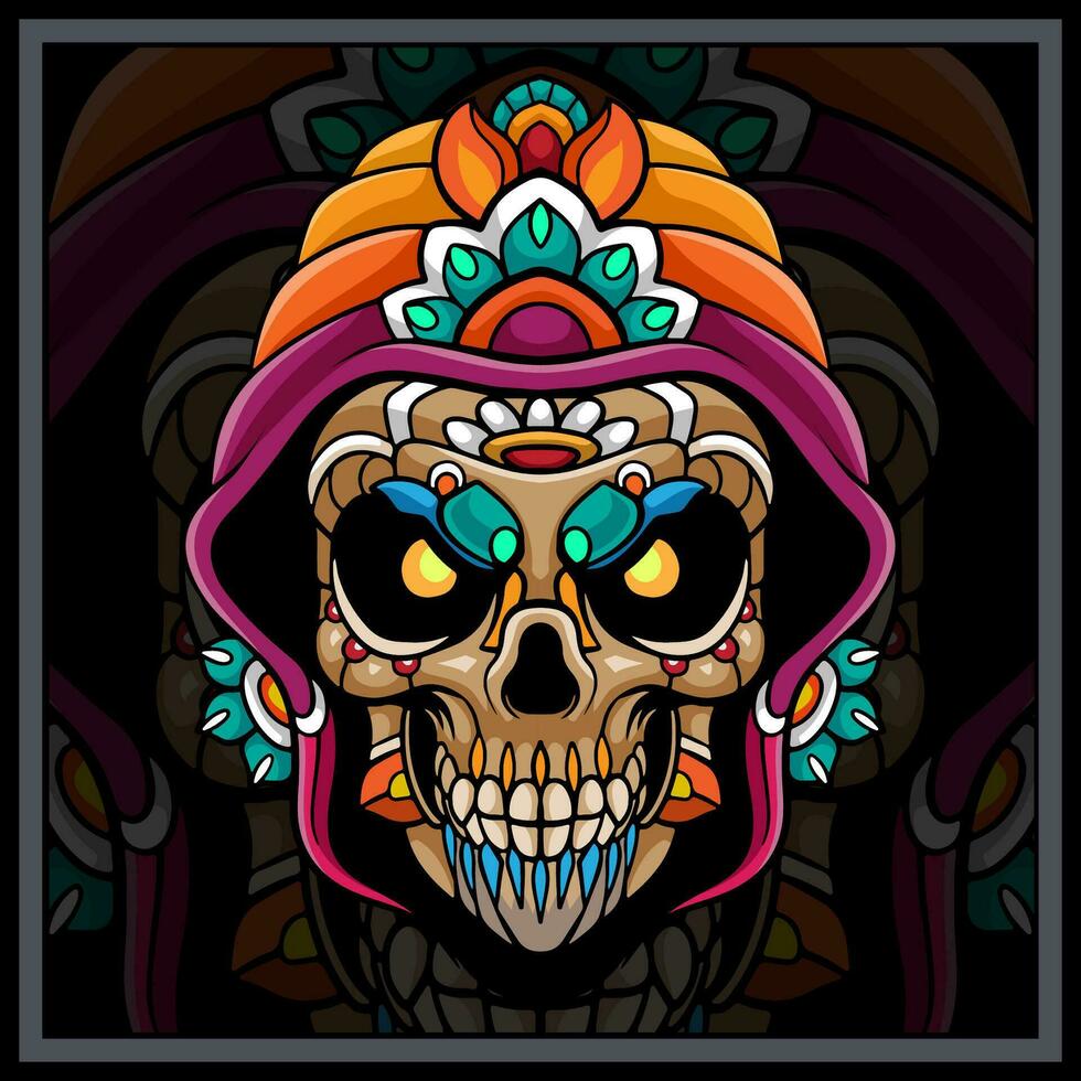 Colorful Skull head mandala arts isolated on black background. vector