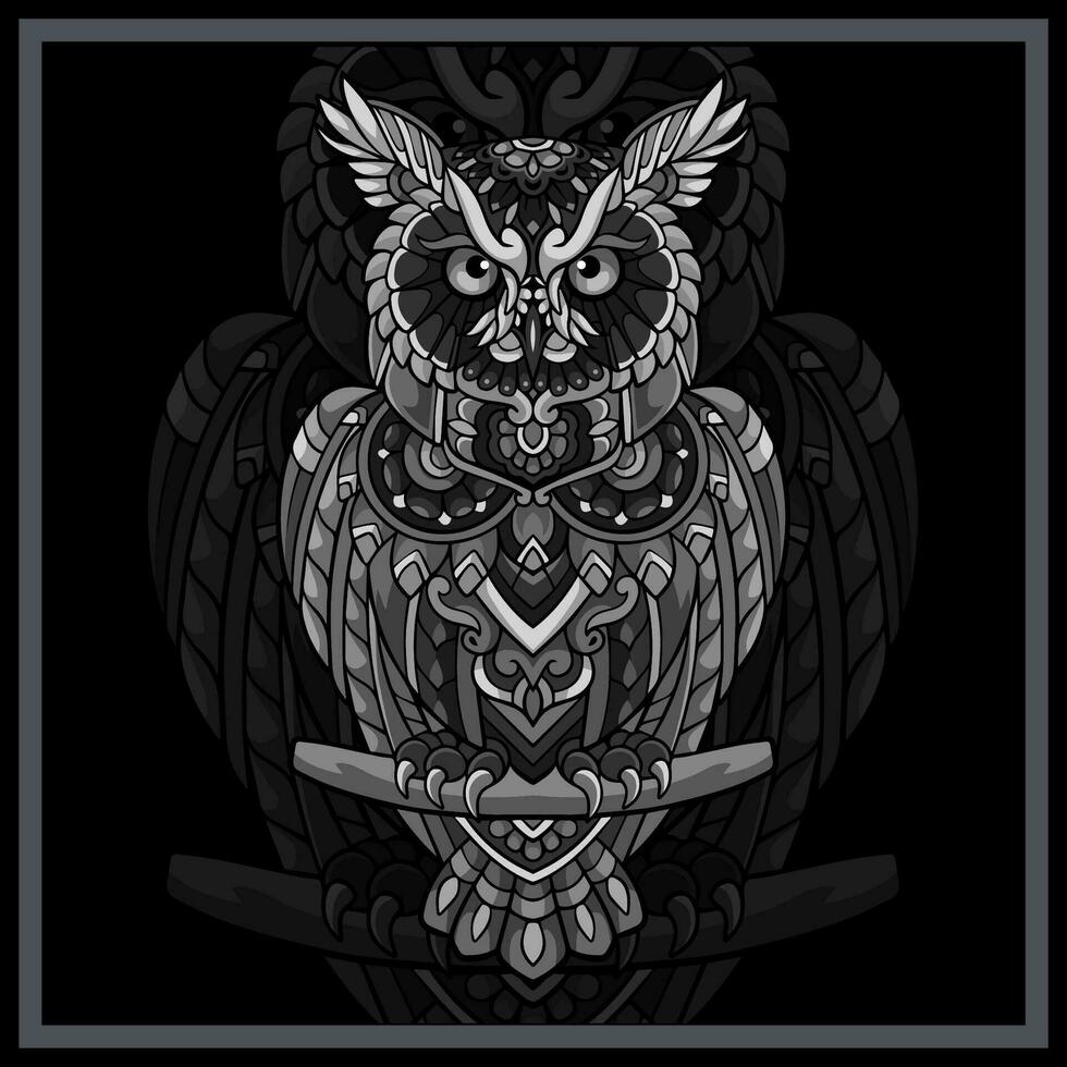 Monochrome Owl bird mandala arts isolated on black background. vector