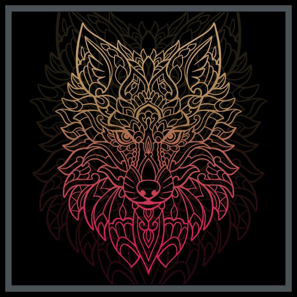 Gradient Colorful wolf head mandala arts isolated on black background. vector