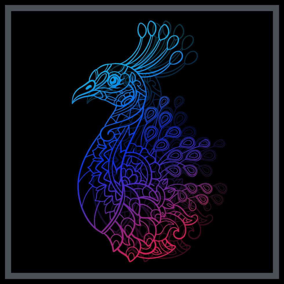 Gradient Colorful Peacock bird mandala arts isolated on black background. vector