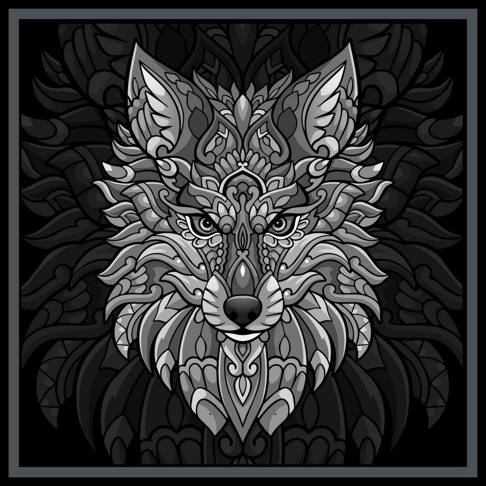 Monochrome Wolf head mandala arts isolated on black background. vector