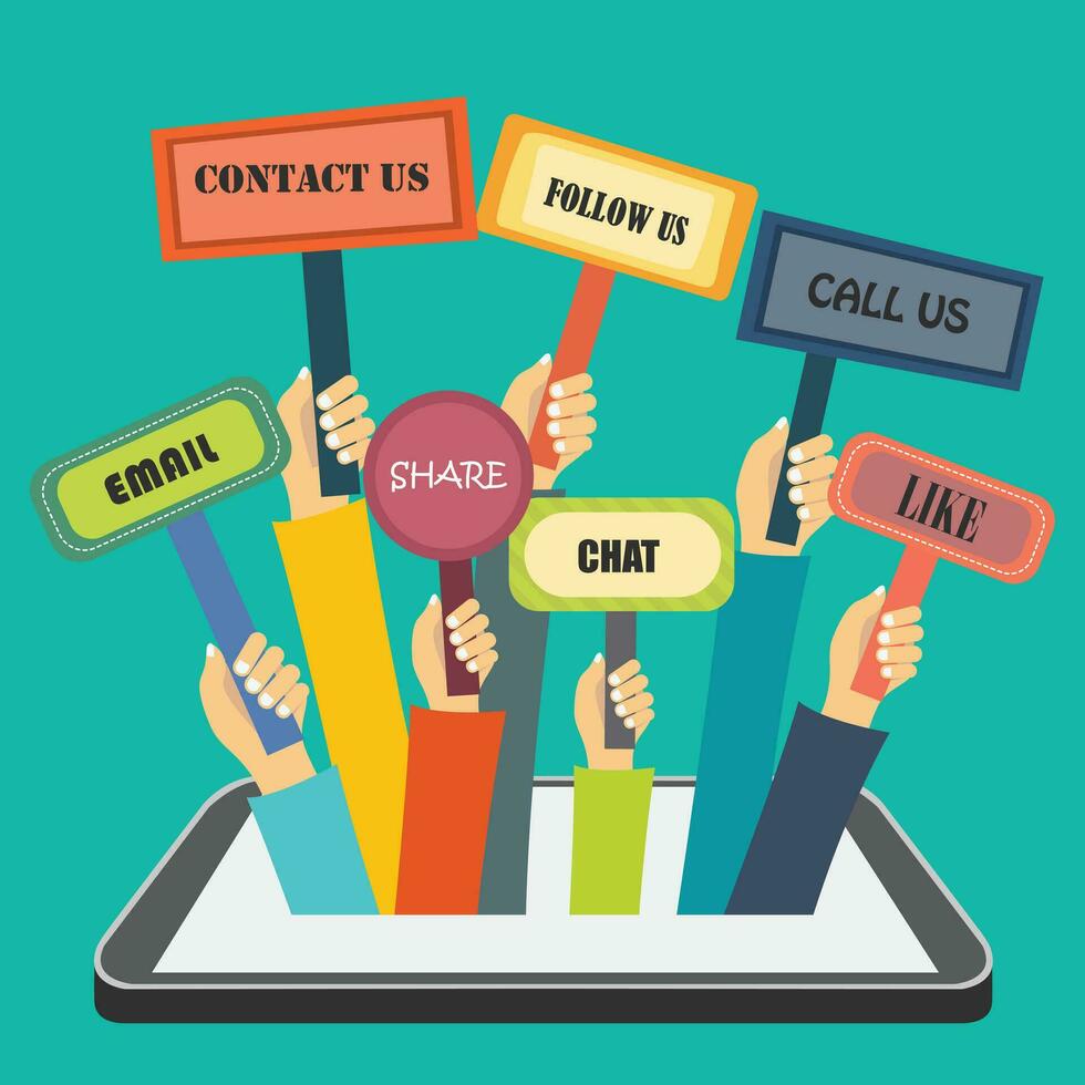 Hands holding signs with social actions coming out of smart phone. Flat vector illustration