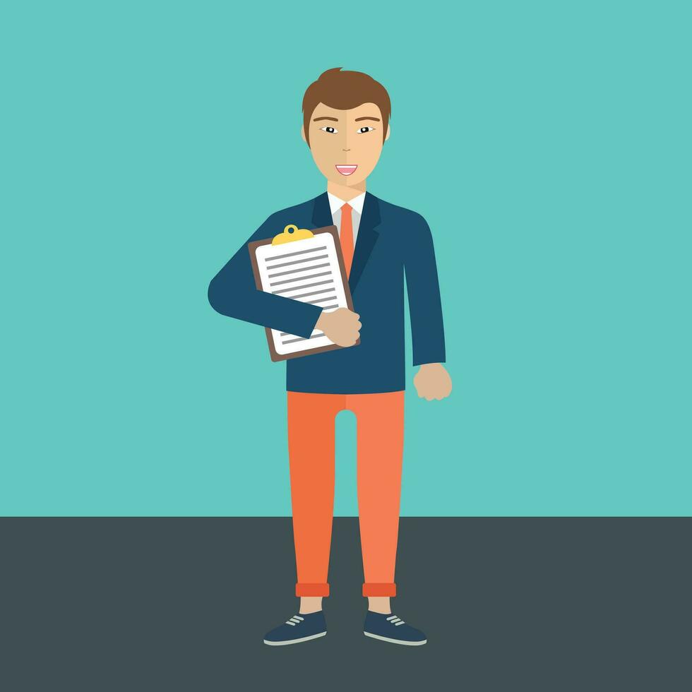 Man holding document. Happy man got a job. Human resources management concept, searching professional staff, analyzing resume papers, work. Flat vector illustration.