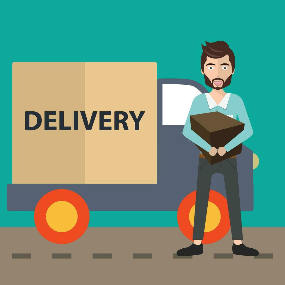 Man in front of cargo van, delivering package. Man postal delivery courier. Flat vector illustration