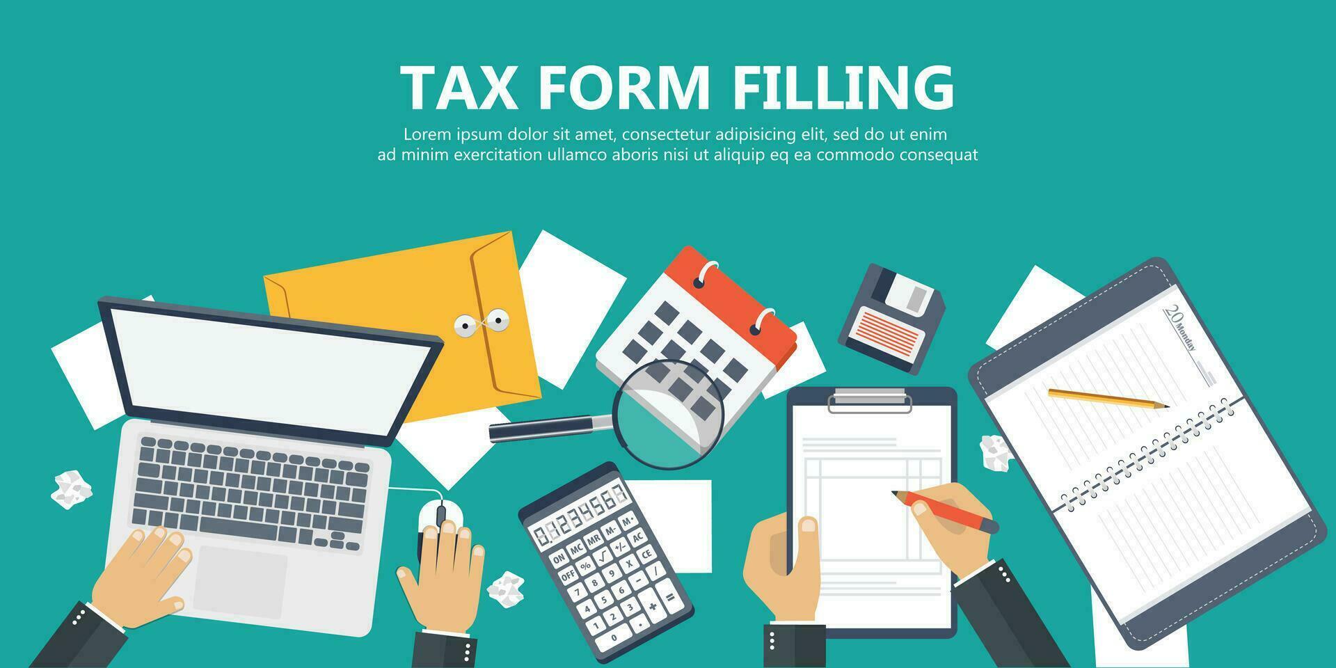 Tax payment. Government, state taxes. Data analysis, paperwork, financial research, report. Businessman calculation tax return. Flat design. Tax form vector. Payment of debt. vector