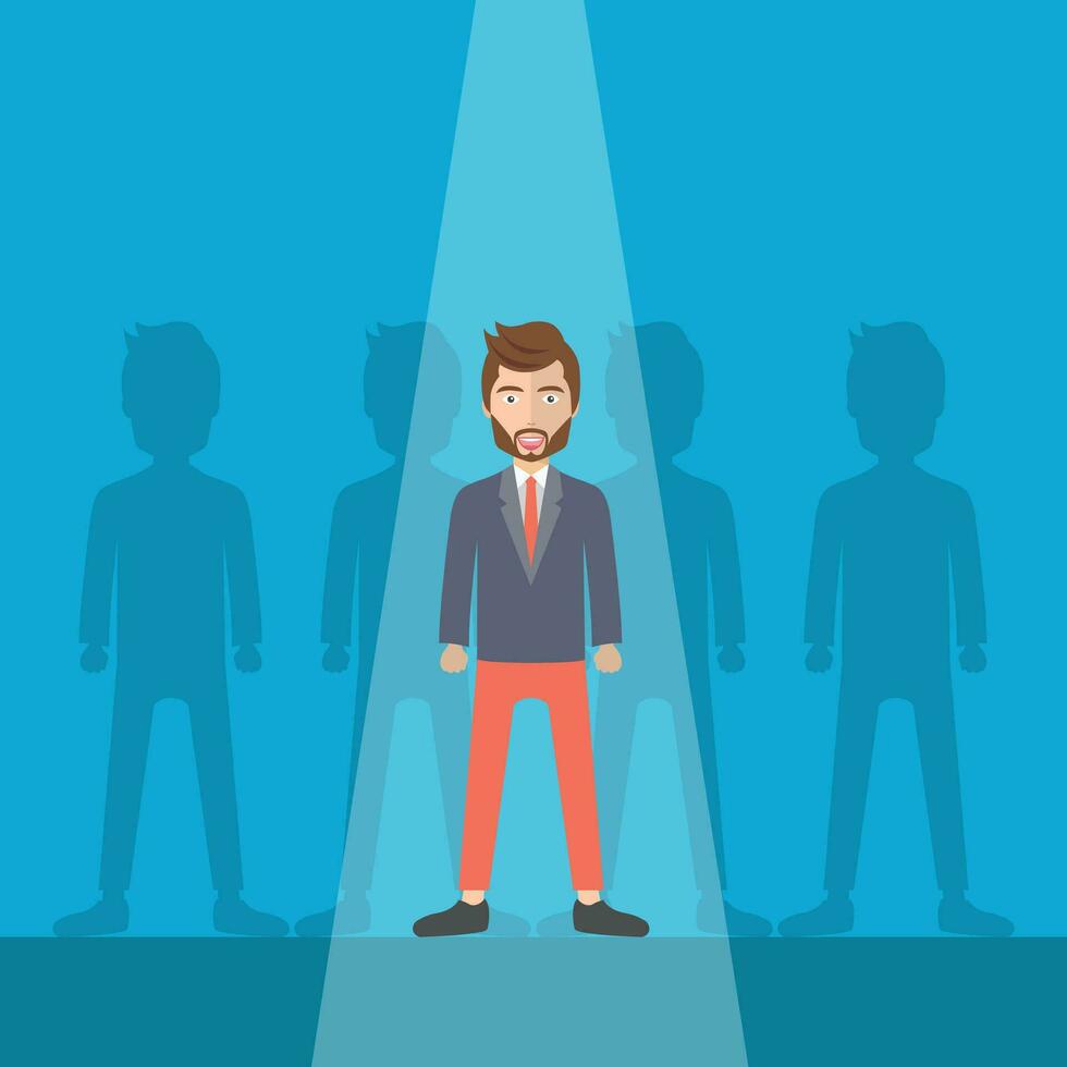 Businessman or leader standing out of the crowd. Hiring new people concept. Flat vector illustration