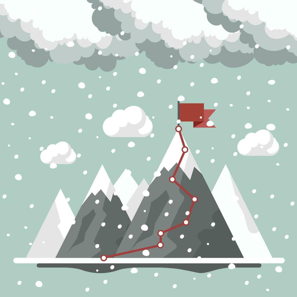 Landscape background. Mountains in winter. Achievement, exploring and discovery concept. Flat vector illustration