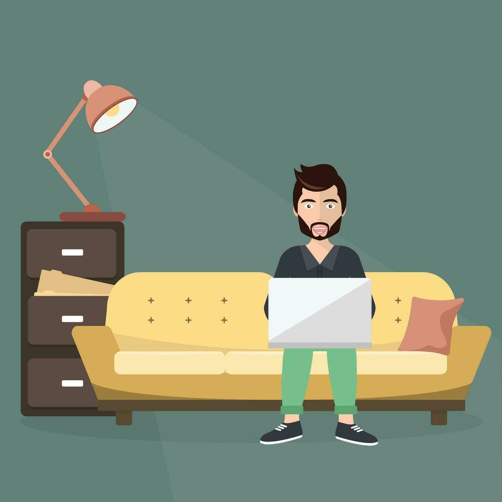 Freelance worker sitting on sofa with lap top. Workplace concept. Flat vector illustration.