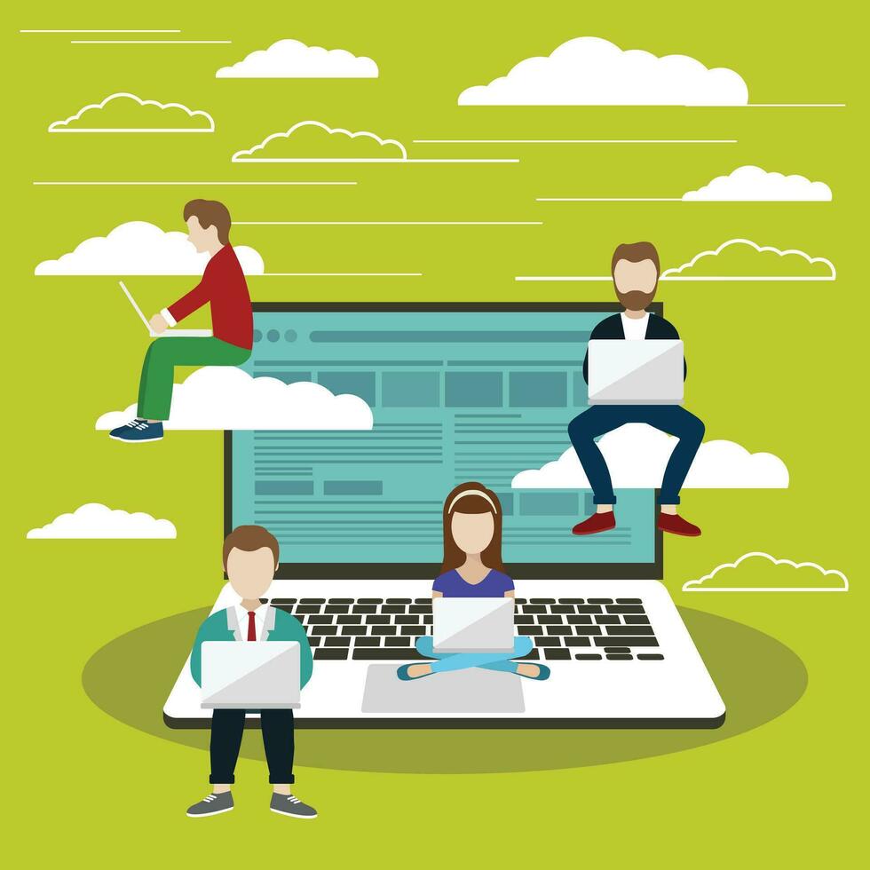 People sitting on big notebook. Social network web site. Surfing concept illustration of young people using lap top to be a part of on line community. Flat vector illustration