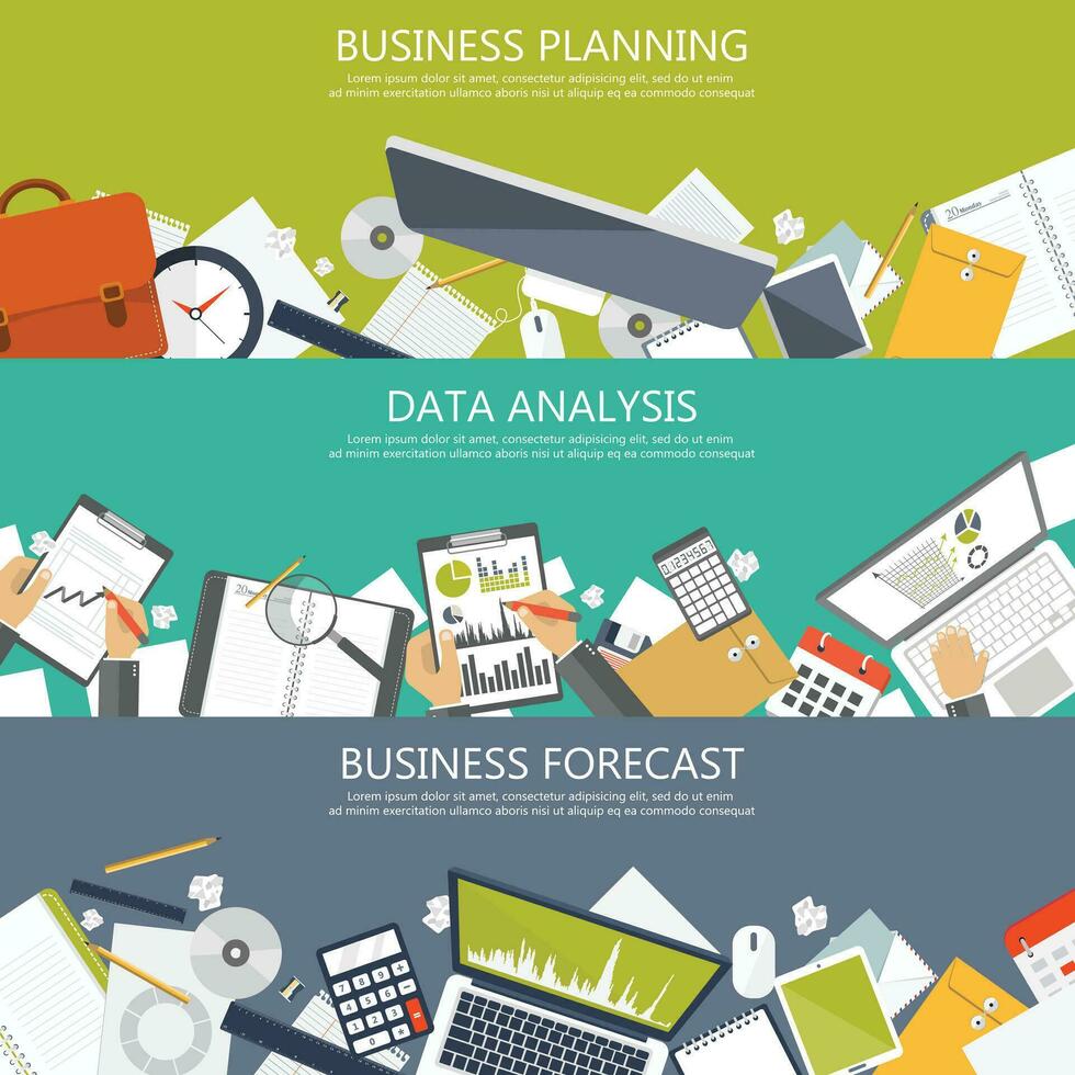 negocio planificación, datos análisis y negocio pronóstico pancartas para sitio web. plano vector ilustración