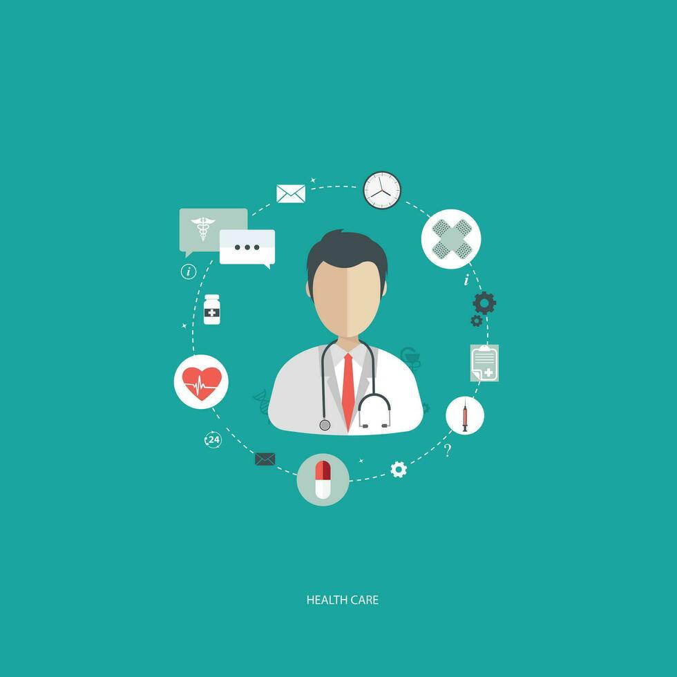 Vector illustration in a modern flat style, health care concept. A doctor in uniform with stethoscope and first aid kit. On line consultation. Flat vector illustration.