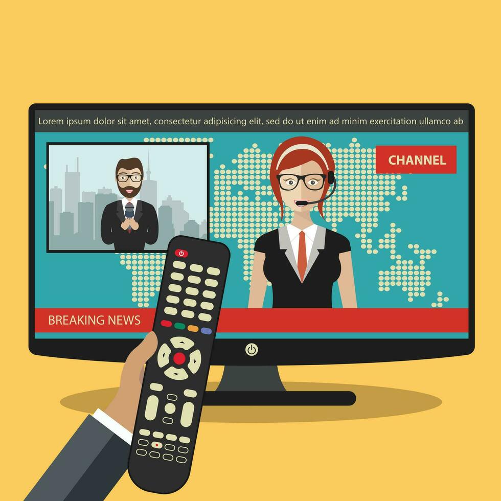 Breaking news concept. News on television with remote control. News anchor broadcasting the news with a reporter live on screen. Flat vector illustration