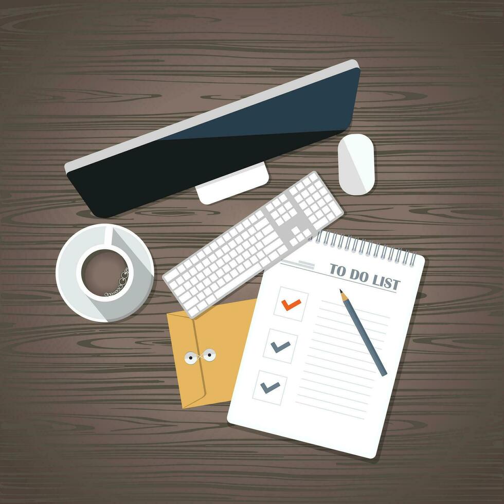To-do list concept. Desk with business equipment. Flat vector illustration