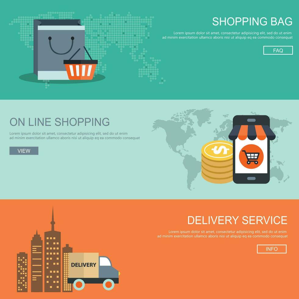 Flat design concepts for on line shopping, shopping bag and delivery service. Concepts for web banners and promotional materials. Flat vector illustration