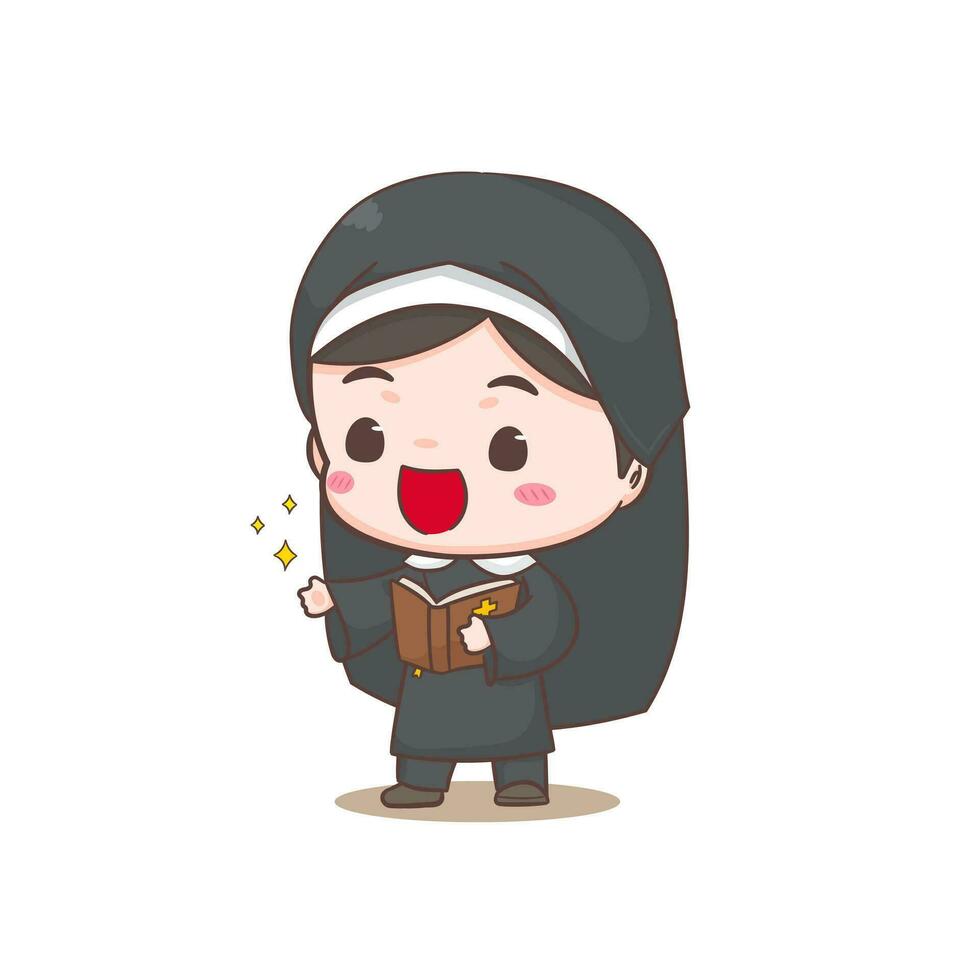 Cute nun cartoon character. Christian and catholic religion concept design. Profession illustration. Adorable chibi style vector