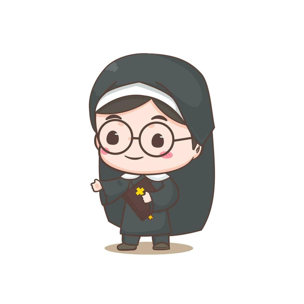 Cute nun cartoon character. Christian and catholic religion concept design. Profession illustration. Adorable chibi style vector