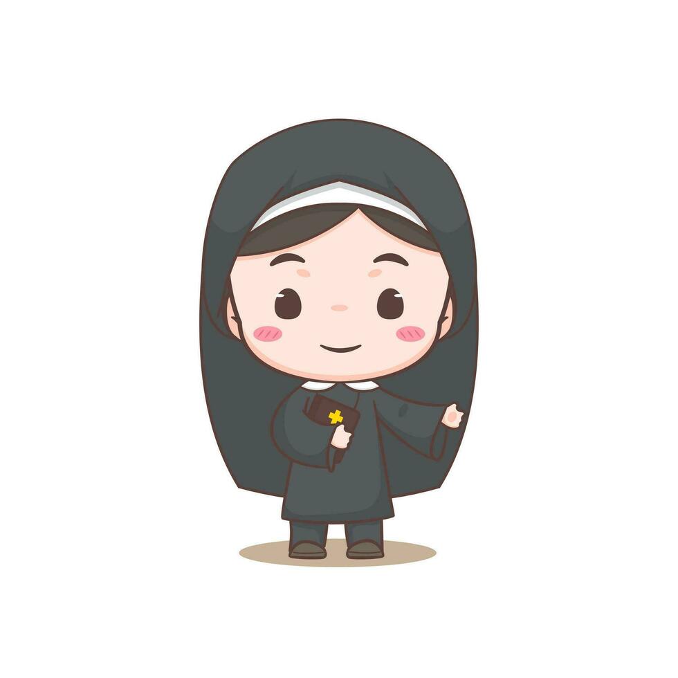 Cute nun cartoon character. Christian and catholic religion concept design. Profession illustration. Adorable chibi style vector