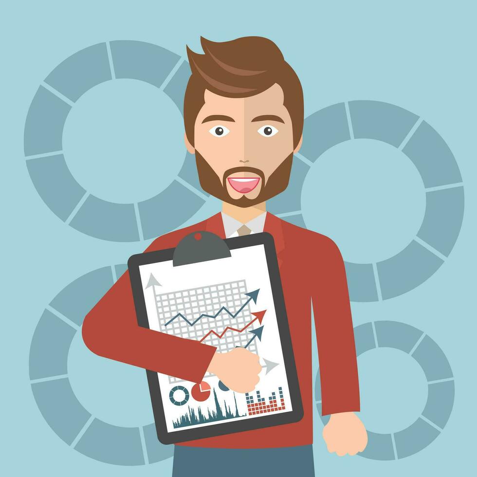 Businessman with a task, showing task and analytic. Flat vector illustration