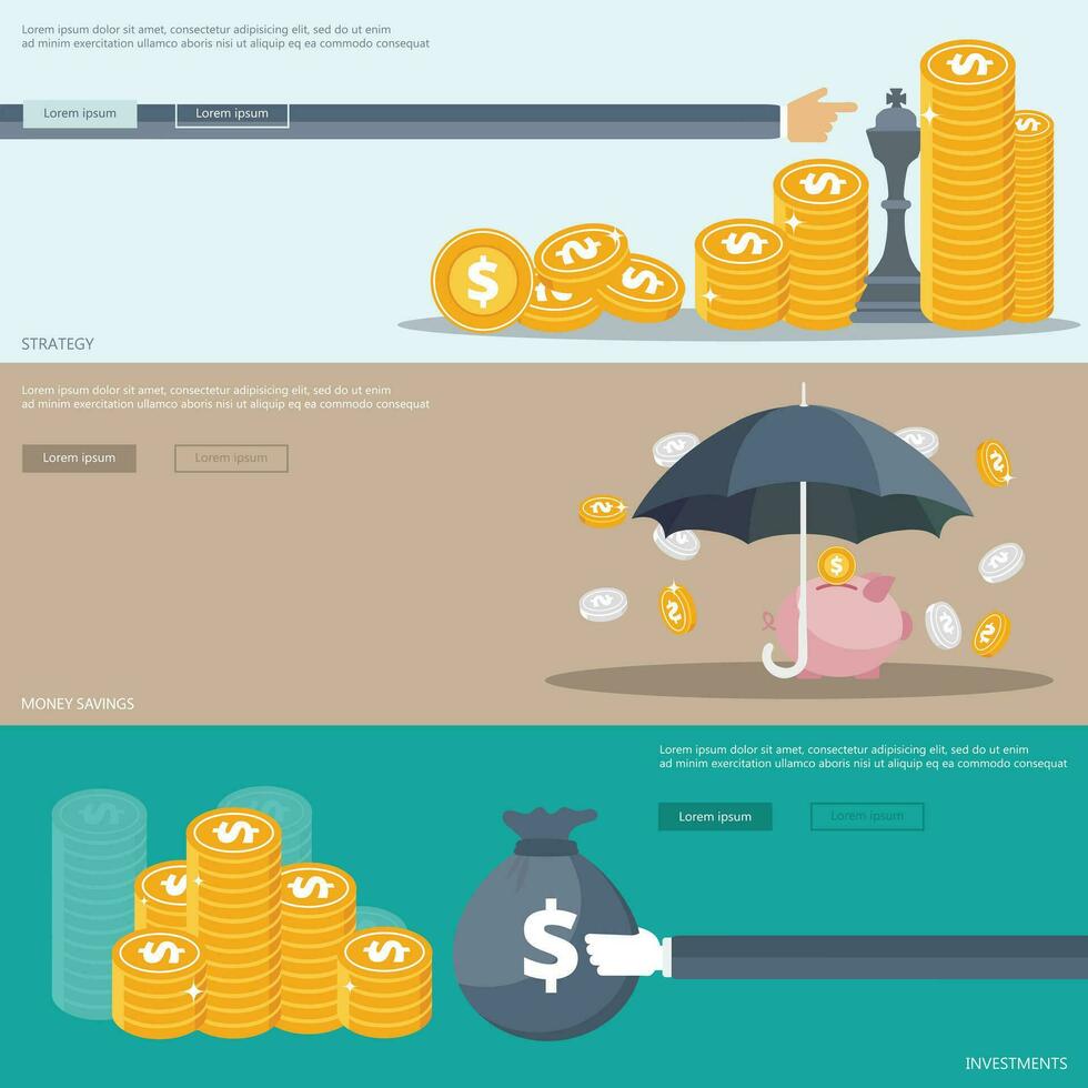 Strategy, investments and money savings banners for websites and mobile applications. Flat vector illustration