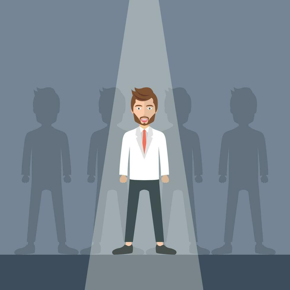 Businessman or leader standing out of the crowd. Hiring new people concept. Flat vector illustration
