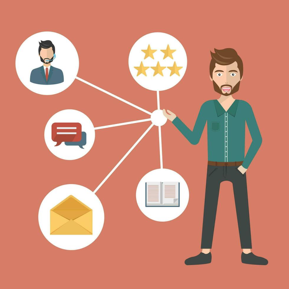 Customer Relationship Management. System for managing interactions with current and future customers. Flat vector illustration