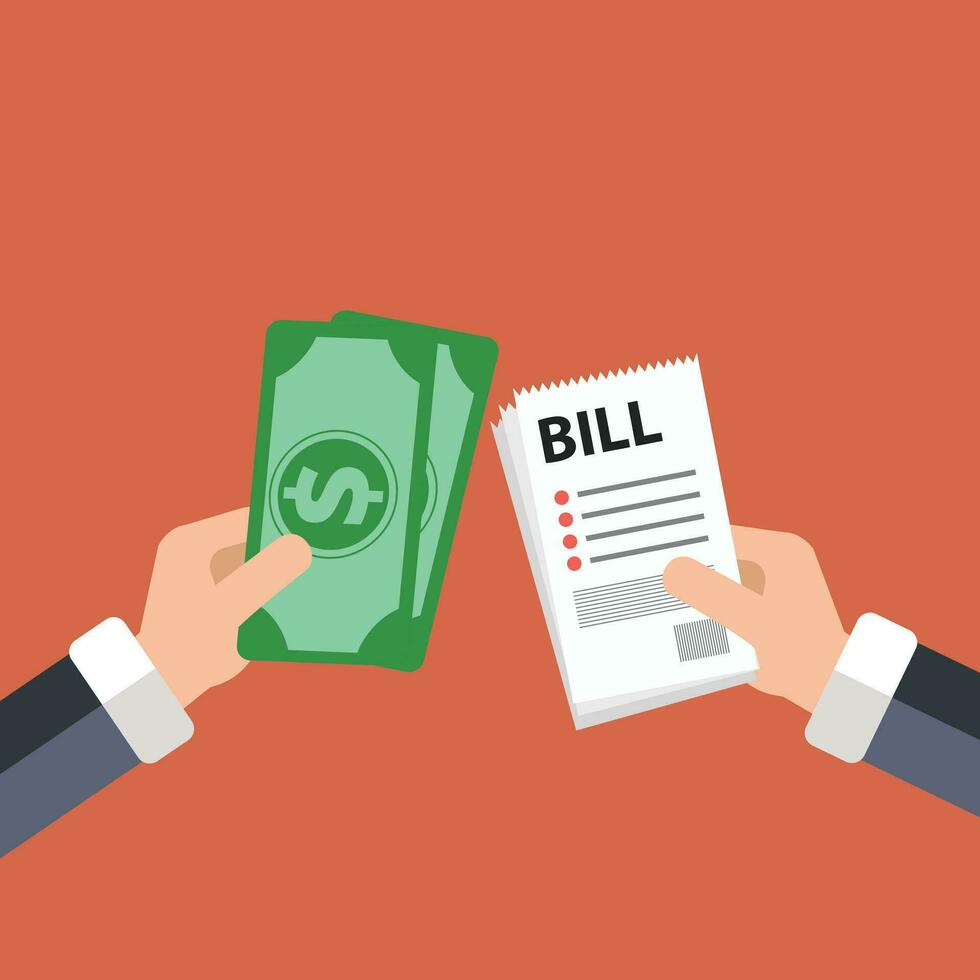 Paying bills concept. One hand giving receipt bill and another hand giving cash money. Flat vector illustration for finances