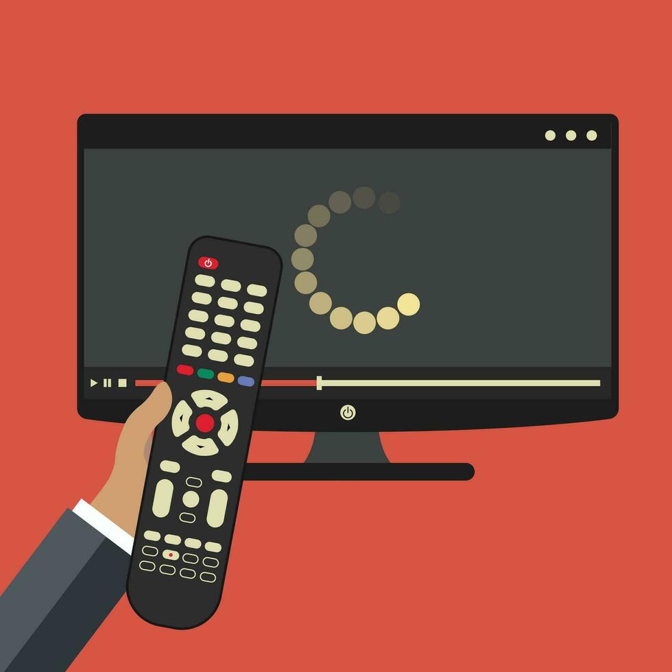 Hand holding remote control. TV icon concept. Loading icon on television. Smart TV concept. Flat vector illustration