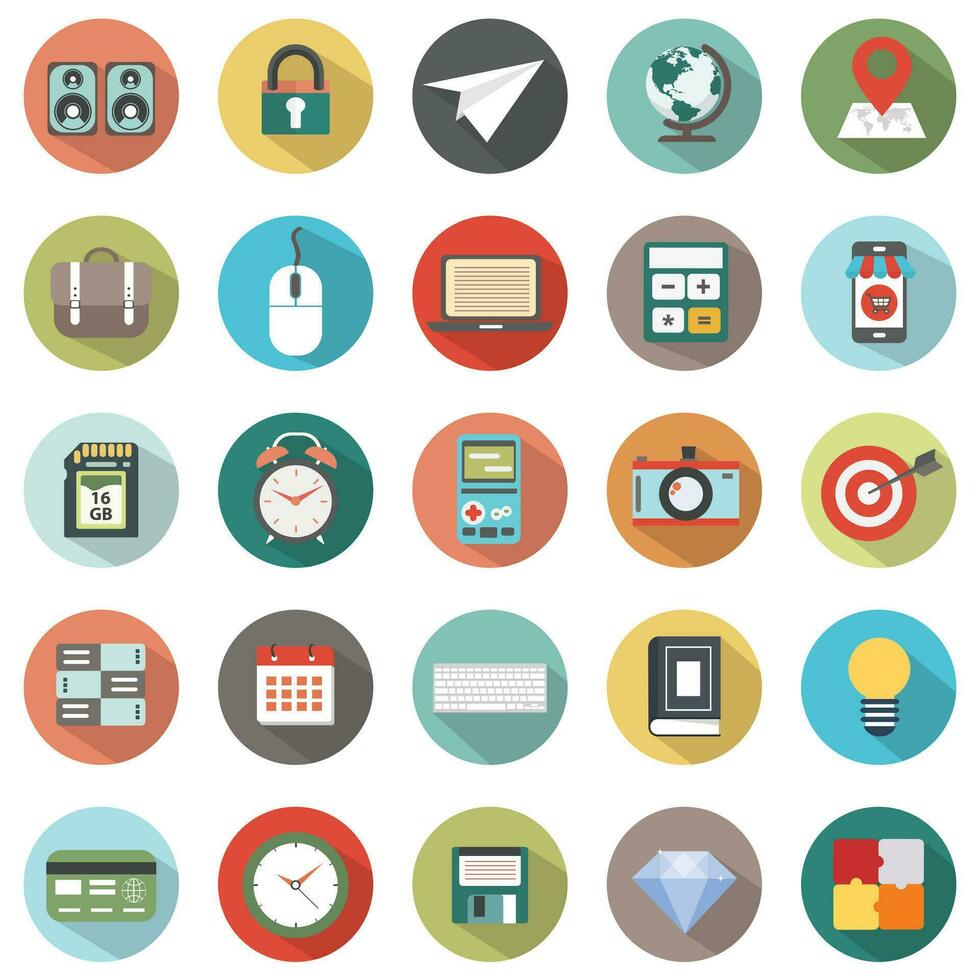 Modern flat icons vector collection with long shadow effect in stylish colors of web design objects. Icons for business, office and marketing items.
