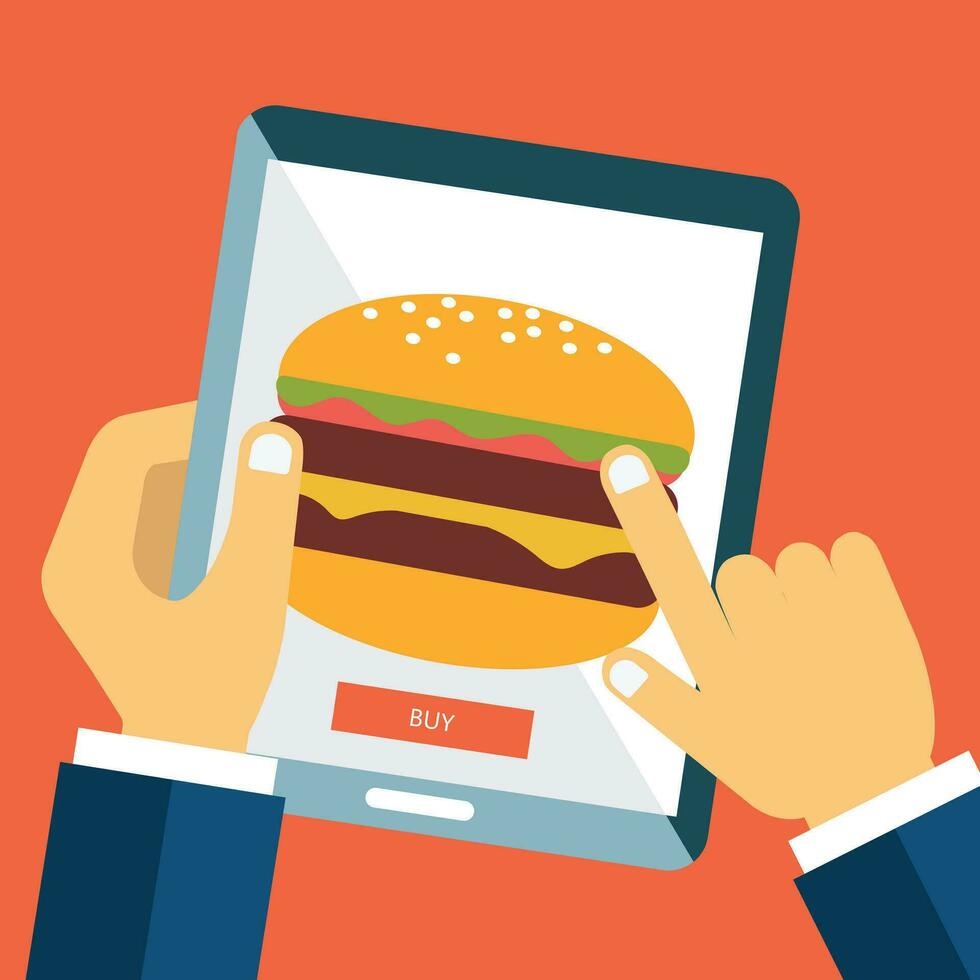 mano participación tableta con hamburguesa en el pantalla. orden comida y bebida concepto. plano vector ilustración.