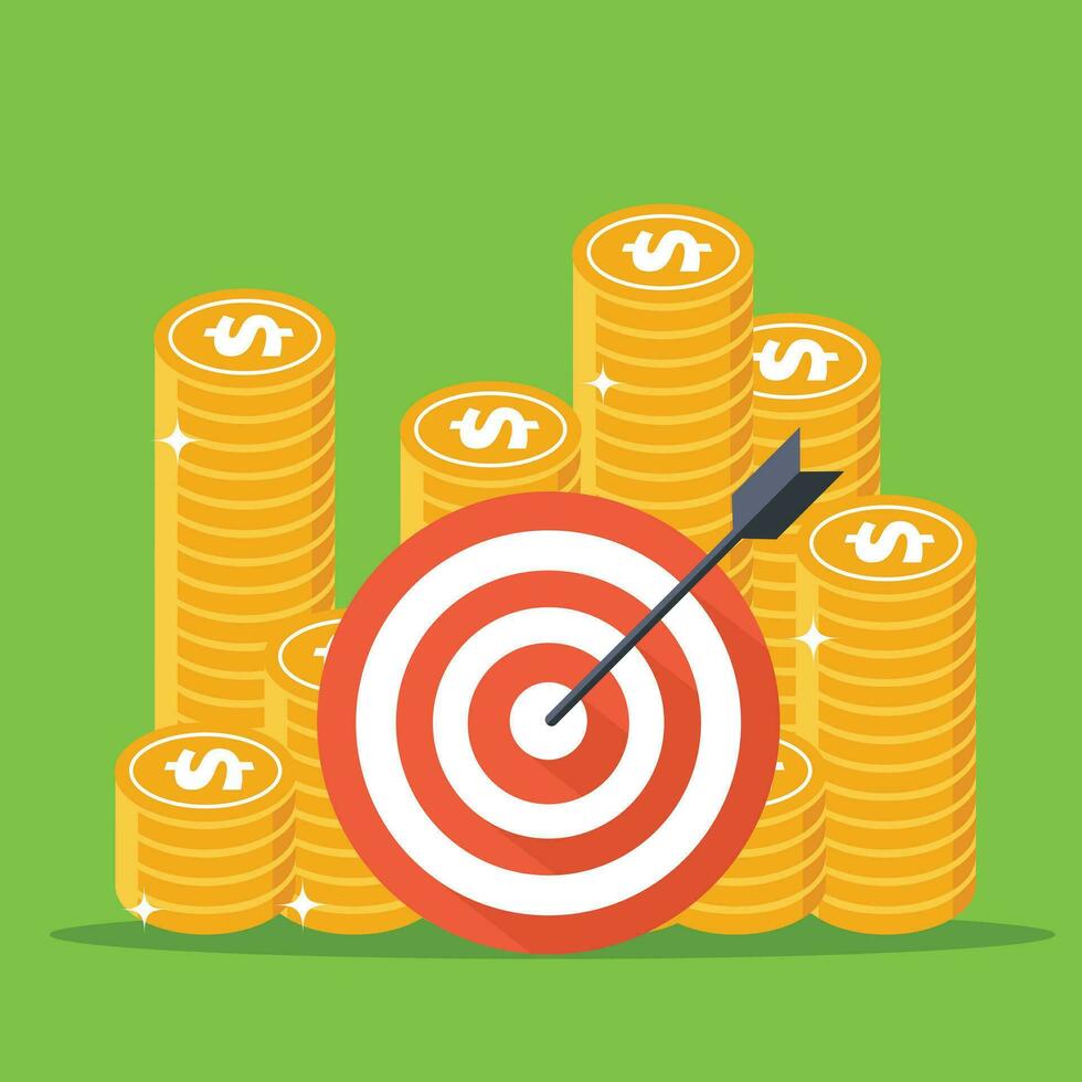 Cash growth. Dart target with arrow, Dollar cash and golden coins. Flat vector illustration