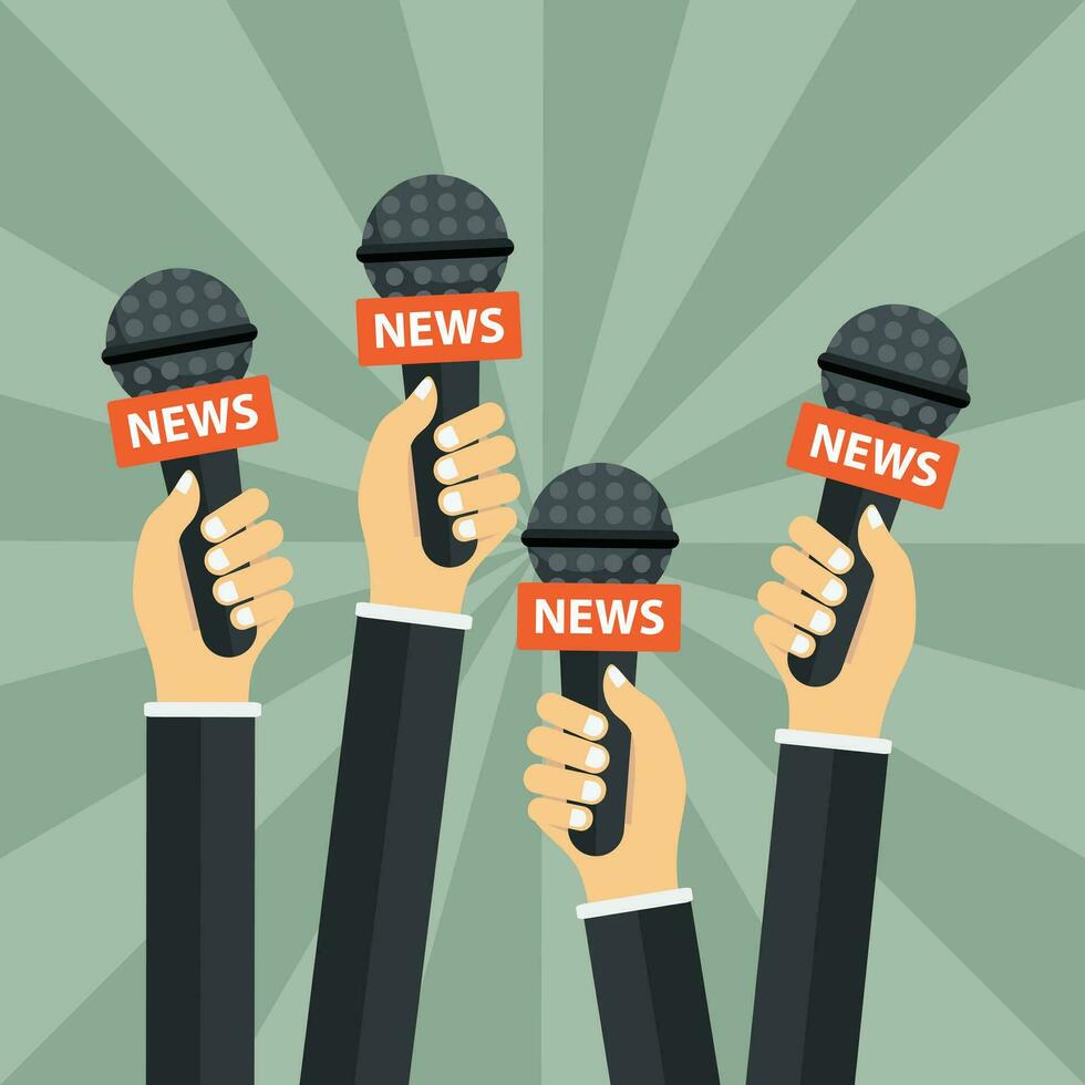 Microphones in reporter hands. Set of microphones isolated on green background. Mass media, television, interview, breaking news, press conference concept. Flat vector illustration.