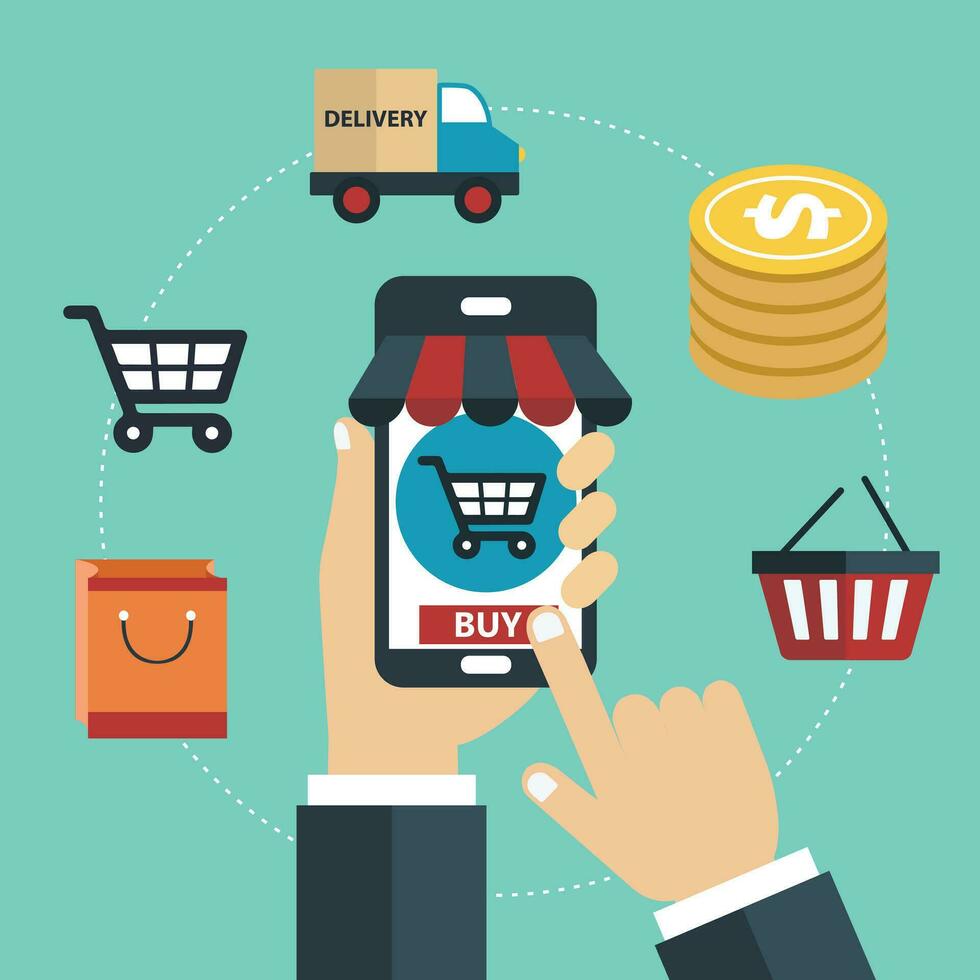 Mobile marketing and mobile shopping concept. Flat vector illustration