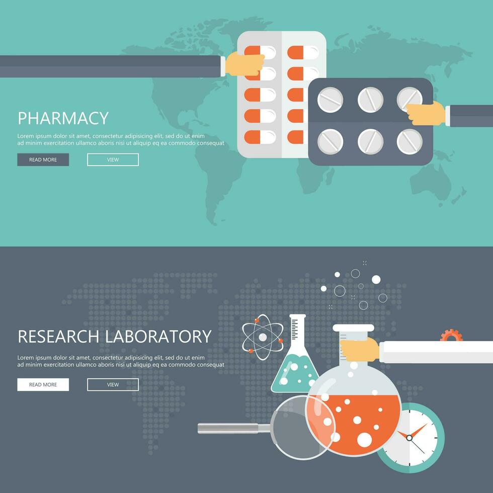Pharmacy and research laboratory banners. Health care and medicine concept. Flat vector illustration