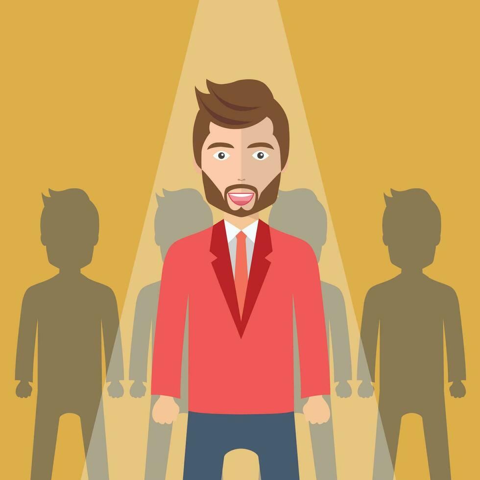 Businessman or leader standing out of the crowd. Hiring new people concept. Flat vector illustration
