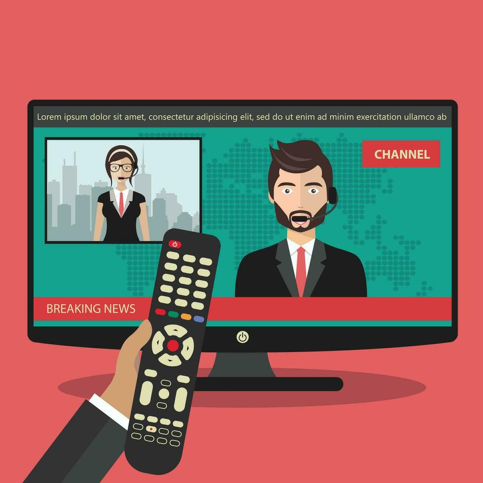 Breaking news concept. News on television with remote control. News anchor broadcasting the news with a reporter live on screen. Flat vector illustration