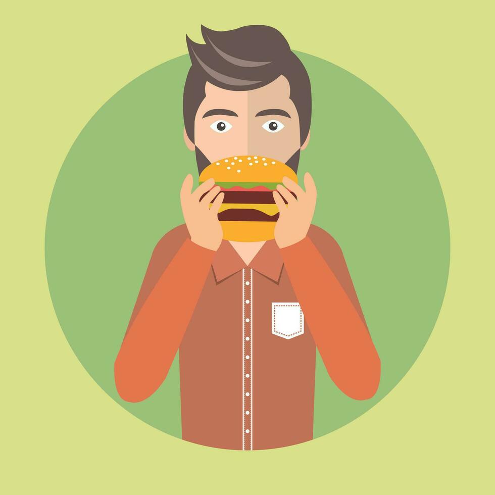 hombre comiendo hamburguesa. plano vector ilustración