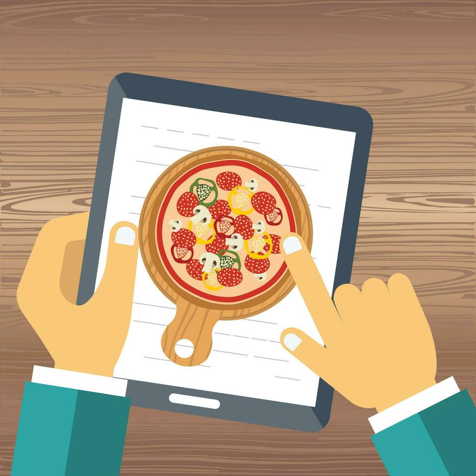 Order pizza on line. Man holding tablet and ordering pizza. Flat vector illustration.