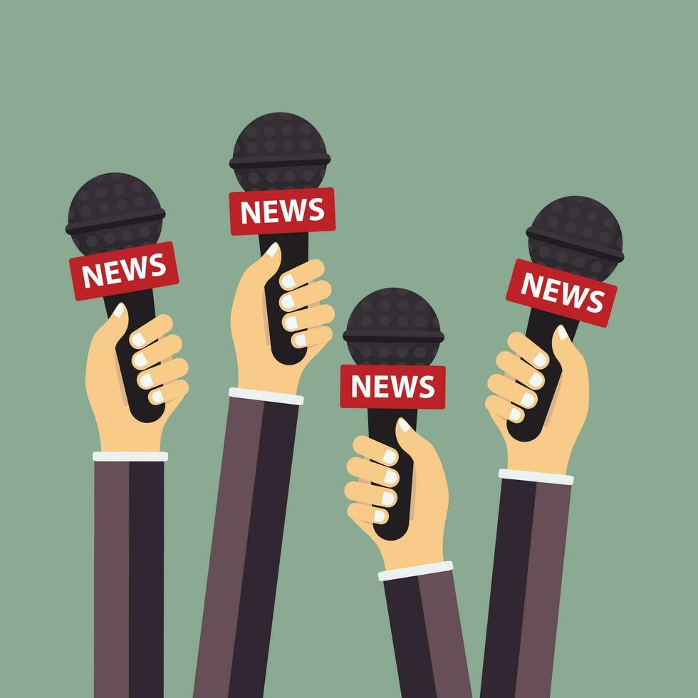 Microphones in reporter hands. Set of microphones isolated on green background. Mass media, television, interview, breaking news, press conference concept. Flat vector illustration.