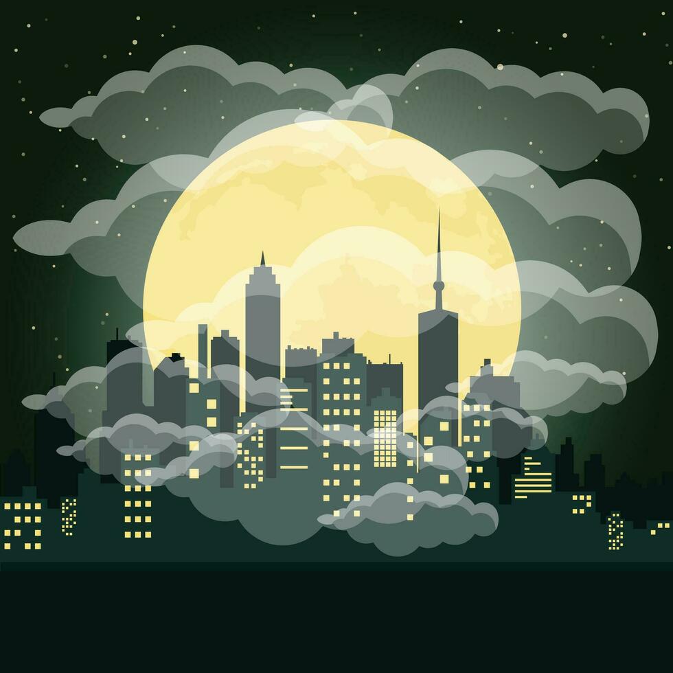 Industrial smoke clouds on city landscape, nuclear reactor environmental pollution vector illustration design