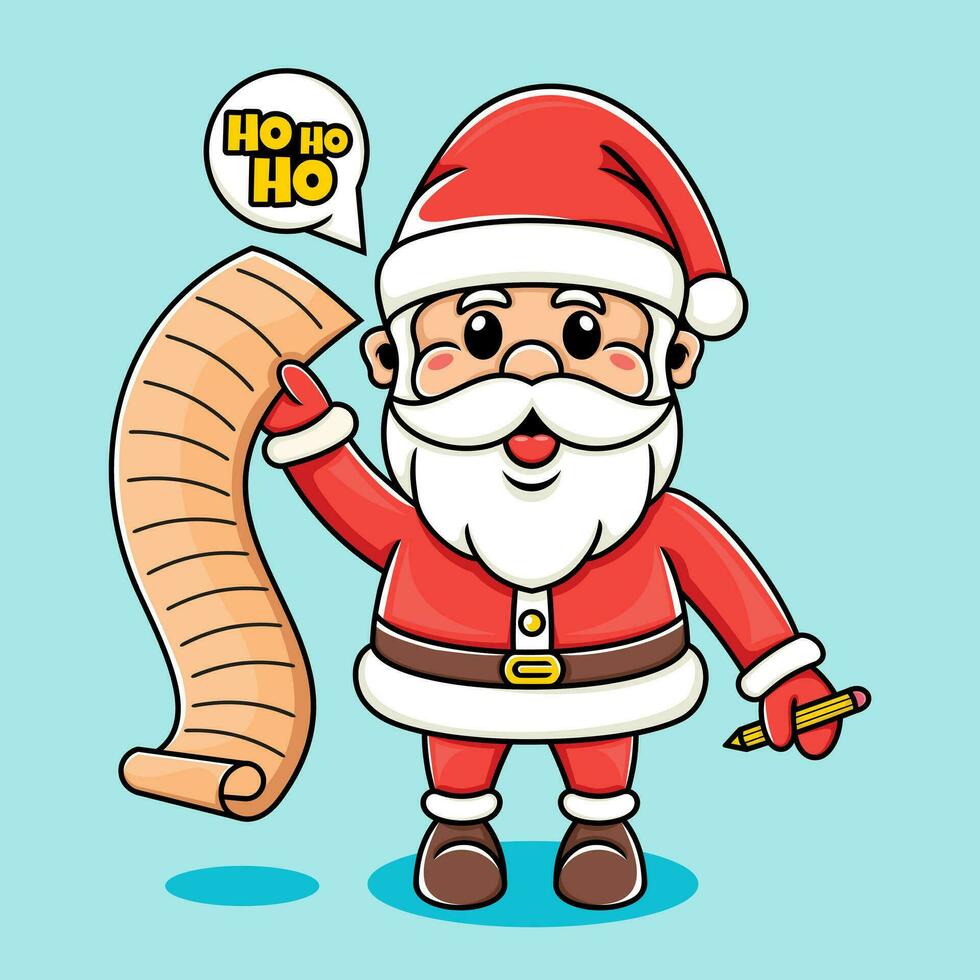 cartoon illustration of Santa writing a list of names, funny, cute. vector