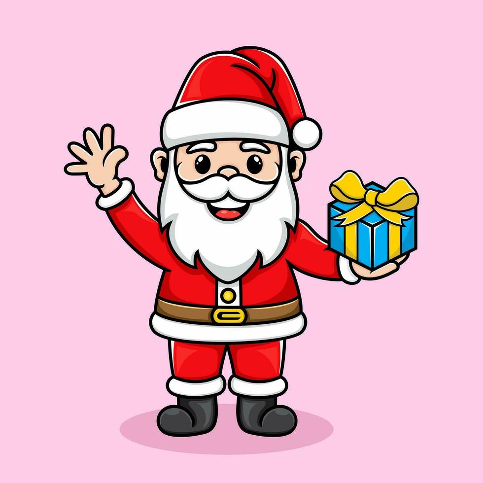 linda Papa Noel claus saluda con un regalo caja en su mano vector