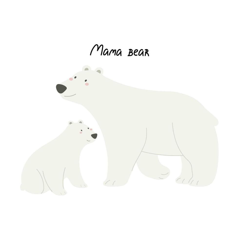 Mama bear. Cartoon polar bears, hand drawing lettering. Colorful vector illustration, flat style. design for greeting cards, print, poster