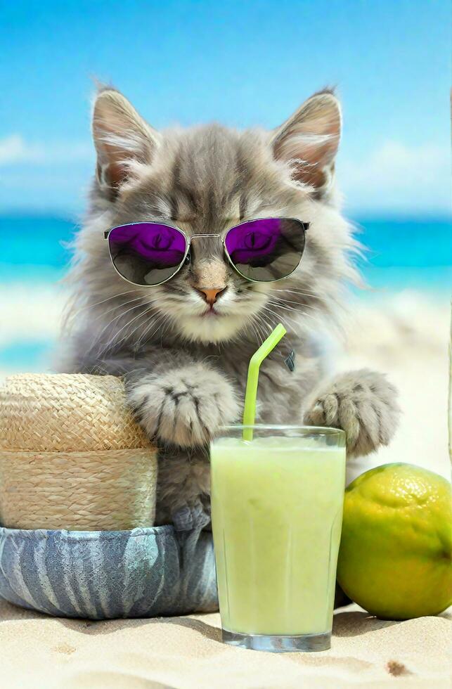 Funny large longhair gray kitten with beautiful big green eyes wearing sunglasses with fresh juice and fruits on beach background, summer concept photo