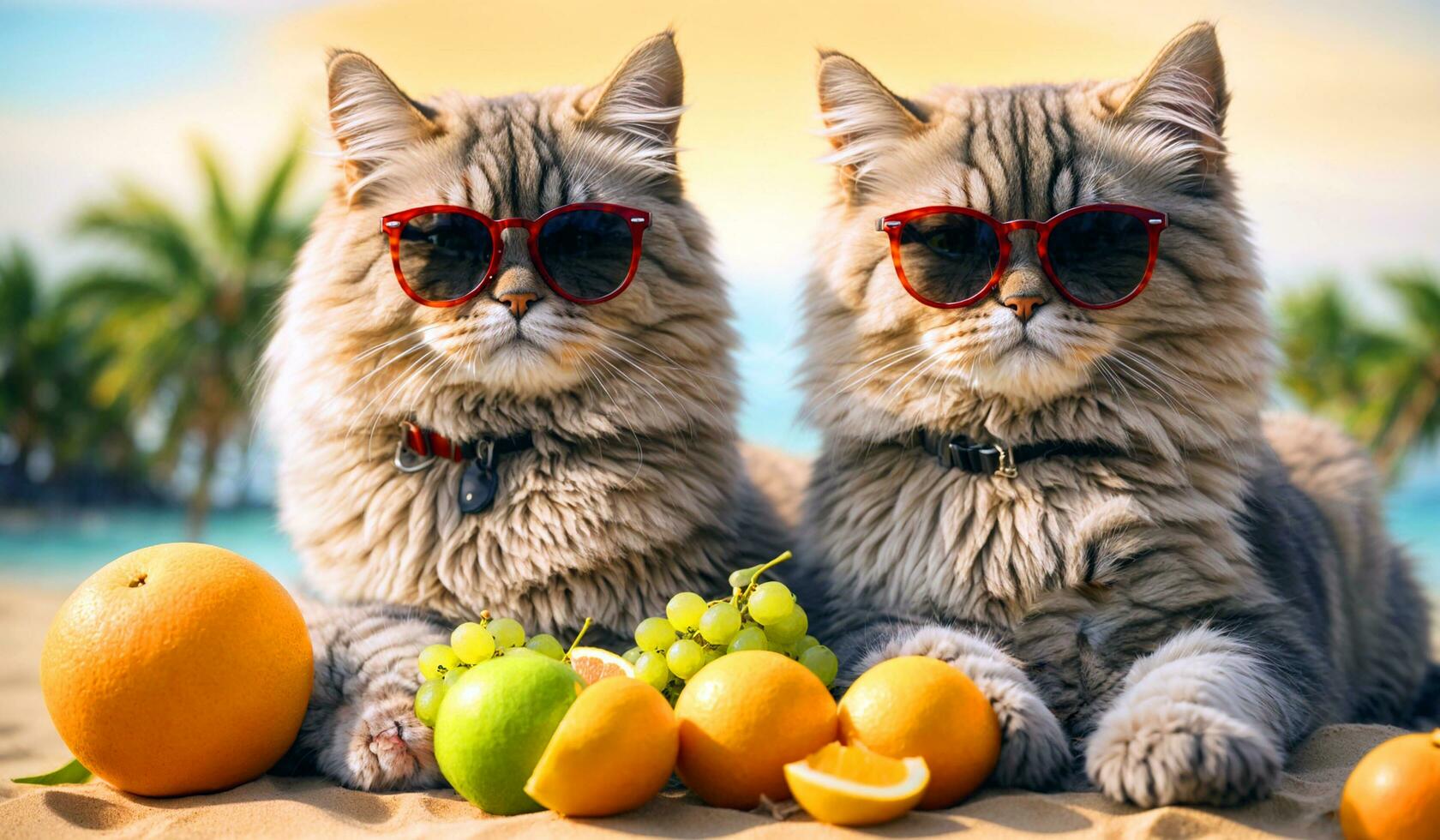 Funny large longhair gray kitten with beautiful big green eyes wearing sunglasses with fresh juice and fruits on beach background, summer concept photo