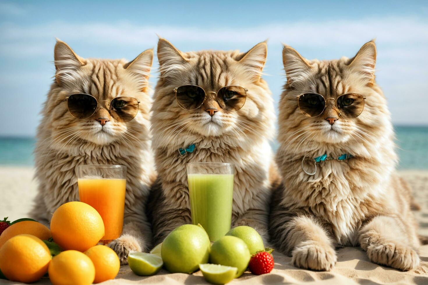 Funny large longhair gray kitten with beautiful big green eyes wearing sunglasses with fresh juice and fruits on beach background, summer concept photo