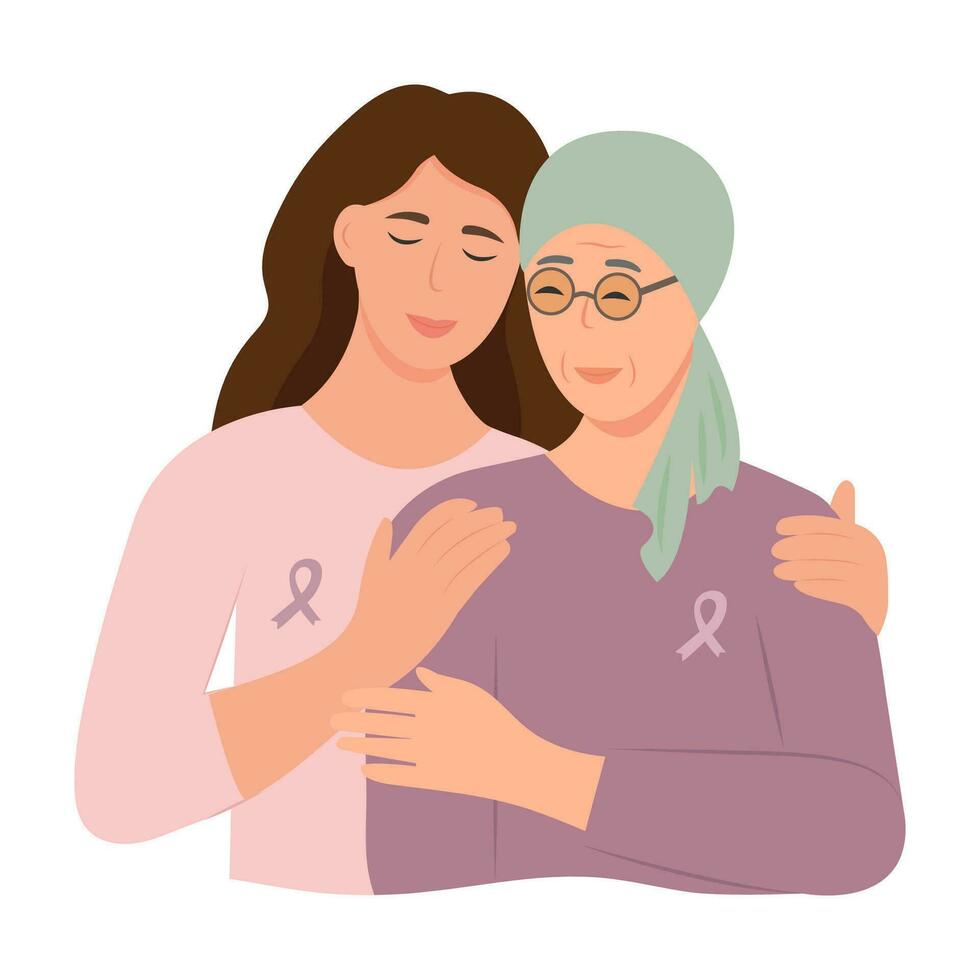 el hija abraza el enfermo madre. pecho cáncer conciencia mes concepto de apoyo y solidaridad con mujer luchando oncológico enfermedad. vector ilustración