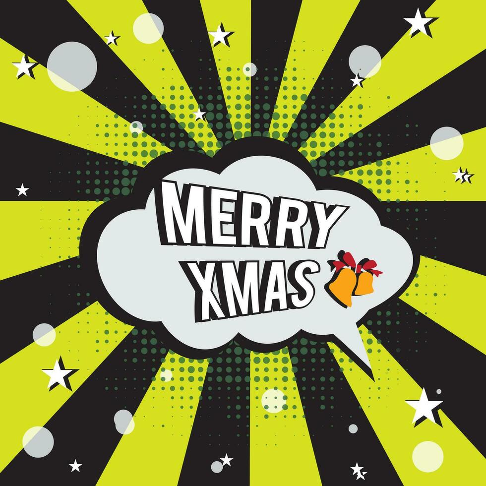 New year, Merry Christmas. Speech comic bubble text halftone red yellow background. Pop art style vector illustration. Holiday burst expression pop-art bubble cloud. Funny boom comics book.