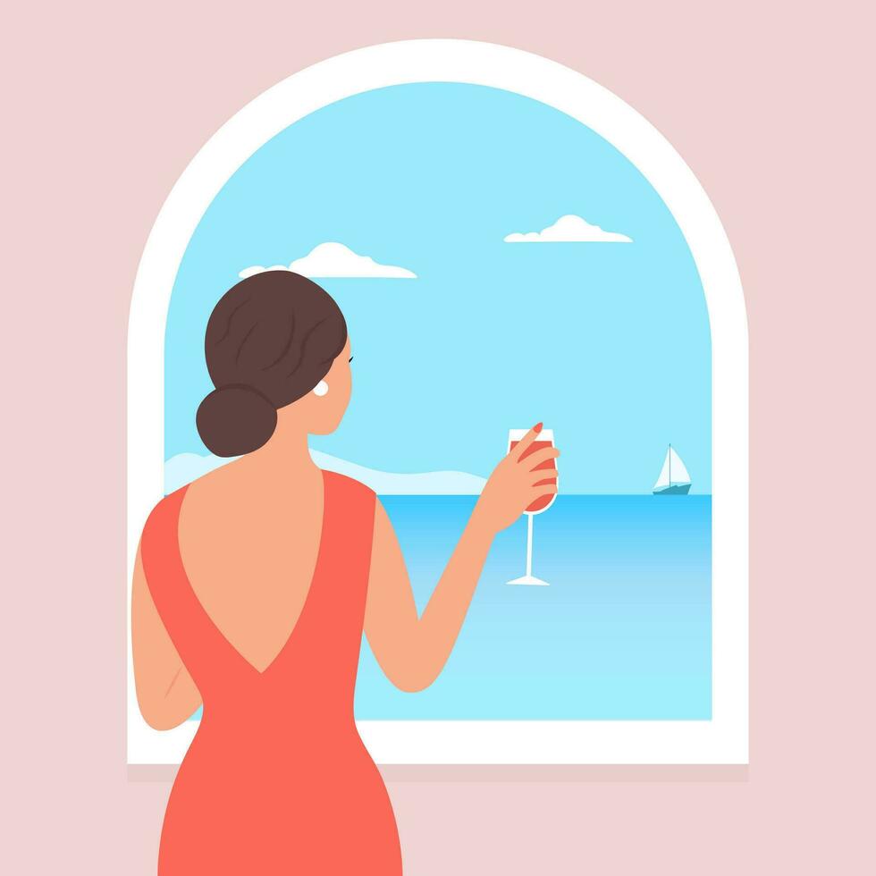 A woman looks at the beautiful sea and sky. A lady with a wine glass enjoys the summer landscape. Seascape through the window.Vector illustration vector